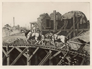 <b class=qtipBold><figcaption>Wooden Rail in Mine</figcaption></b><br>Blinkered pit-horses draw coal wagons along a wooden railway at an unidentified colliery : it looks extremely precarious - let's hope they can see where they are going...<br><em>© Mary Evans Picture Library/GROSVENOR PRINTS</em> Wooden Rail in Mine