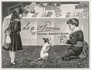 <b class=qtipBold><figcaption>Worcester Sauce Advert</figcaption></b><br>Two children tempt a small dog with a spoon of Lea & Perrins Original Worcestershire Sauce.<br><em>© Mary Evans Picture Library</em> Worcester Sauce Advert