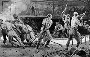 Workmen hammering rivets into a vessel Workmen hammering rivets into a vessel