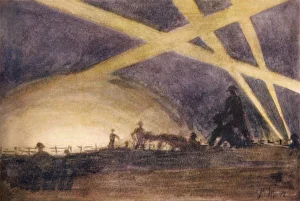 <b class=qtipBold><figcaption>WW1/C 1916/SHADOWS SKY</figcaption></b><br>The shadows of soldiers are projected onto the night sky by flares and searchlights<br><em>© Mary Evans Picture Library</em> WW1/C 1916/SHADOWS SKY