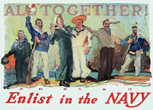 Ussr Gallery: WW1 poster, Enlist in the Navy, All Together - Allied sailors of six nationalities