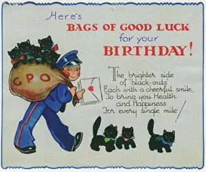 Verse Gallery: WW2 birthday card, Postman with black kittens