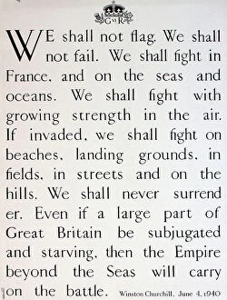 Text Gallery: WW2 poster, We shall not flag, Winston Churchill speech