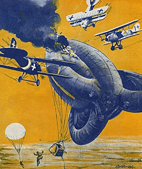 WWI - Military observation balloon shot down by German plane WWI - Military observation balloon shot down by German plane