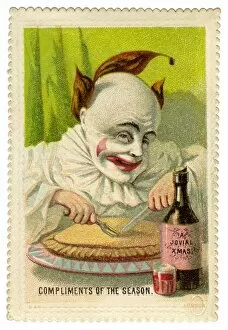 Xmas card. Clown with his pie and ale
