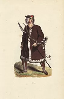 Yakut man wearing a fur-lined coat, with spear