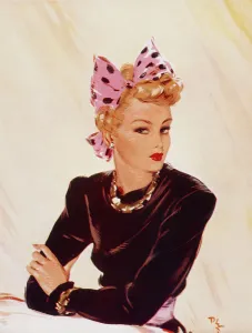 <b class=qtipBold><figcaption>Yes or No? by David Wright</figcaption></b><br>Yes or No? by David Wright showing a glamorous blonde woman with a headscarf looking questioningly at the artist. Wright produced a series of over 160 illustrations or 'pin-ups' for 'The Sketch' during the 1940's. David Wright's 'Lovelies' proved hugely popular and adorned practically every military mess, bunker, dormitory or club room in the country during World War II.<br><em>© Estate of David Wright/ILN/Mary Evans Picture Library</em> Yes or No? by David Wright