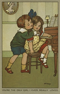 Young boy hugs a girl at the piano by Florence Hardy Young boy hugs a girl at the piano by Florence Hardy