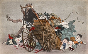 Four young children topple a Japanese handcart as a prank Four young children topple a Japanese handcart as a prank