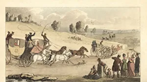 Young English gentlemen racing four-horse carriages Young English gentlemen racing four-horse carriages