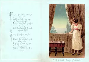Curtains Gallery: Young girl standing at a window on a Christmas card
