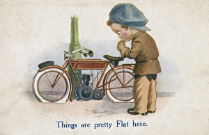 Young man and motorcycle on a comic postcard Young man and motorcycle on a comic postcard