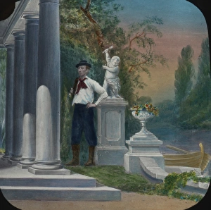 Young man standing by an ornate Italian-style Grotto Young man standing by an ornate Italian-style Grotto