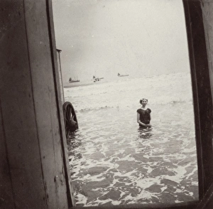 Young woman bathing at Scarborough, North Yorkshire Young woman bathing at Scarborough, North Yorkshire