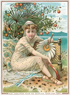 Young woman with feather fan on a New Year card