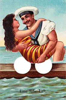 Woman In Swimsuit Prints: Young woman and sailor on a German postcard