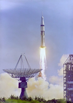 <b class=qtipBold><figcaption>Apollo 7 Launch</figcaption></b><br>The Apollo 7 Saturn IB space vehicle is launched from the Kennedy Space Center's Launch Complex 34 at 11:03 a.m. October 11, 1968. A tracking antenna is on the left and a pad service structure on the right.<br><em>© NASA</em> Apollo 7 Launch
