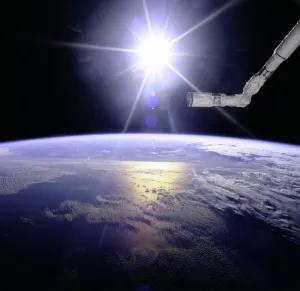 Robot Arm Print: Earth View with Solar Burst