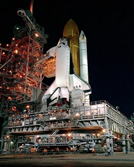 <b class=qtipBold><figcaption>STS-28 Rollout</figcaption></b><br>The Space Shuttle Columbia arrives at Pad 39B early in the morning after being rolled out of the Vehicle Assembly Building the night before. Columbia is scheduled for Launch on Space Shuttle Mission STS-28 in late July on a Department of Defense dedicated mission.<br><em>© NASA</em> STS-28 Rollout
