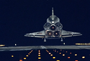 <b class=qtipBold><figcaption>STS-72 Landing</figcaption></b><br>The Space Shuttle orbiter Endeavour and its crew of six glide in to Runway 15 at KSC's Shuttle Landing Facility after spending nine days in space on the STS-72 mission, the first Shuttle flight of 1996. It is the eighth night landing of the Shuttle since the program began in 1981, but only the third night landing at KSC. Highlights of the mission were the retrieval of the Japanese Space Flyer Unit (SFU), the deployment and retrieval of NASA's Office of Aeronauts and Space Techology-Flyer (OAST-Flyer), and two Extravehicular Activities (EVA's) or spacewalks.<br><em>© NASA</em> STS-72 Landing