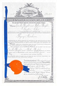 <b class=qtipBold><figcaption>Wright Brothers' 1906 Patent</figcaption></b><br>Submitted in 1903, the Wright brothers finally received this patent in 1906 for their airplane that they tested in North Carolina. Their application included detailed descriptions of their aeronautical innovations. With the receipt of their patent, the Wrights had control over their design- they could grant or deny permission to use their design and were entitled to a royalty. Nevertheless, the Wrights started a large legal suit against Glenn Curtiss after he designed a plane that had many of the Wrights' innovations in it. Dragging on for years, the case was never settled to the Wrights' satisfaction.<br><em>© NASA</em> Wright Brothers' 1906 Patent