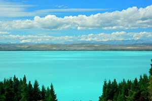 Glacier Collection: Laka Pukaki milky blue water of Lake Pukaki makes a sharp contrast to its surroundings Canterbury