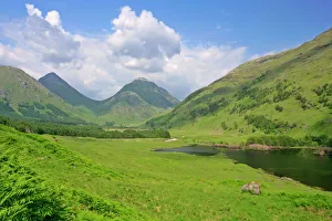 Mountain scenery - Buachaille Etive Beag and Mor with small lake and blooming rhododendron Mountain scenery - Buachaille Etive Beag and Mor with small lake and blooming rhododendron