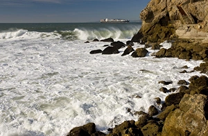 The Pacific Ocean coast of San Francisco, with container ship entering the Bay area The Pacific Ocean coast of San Francisco, with container ship entering the Bay area