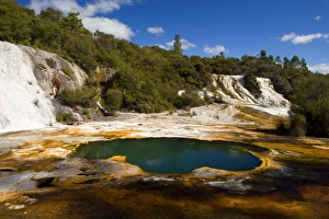 Rainbow and Cascade Terrace - hot spring and colourful silica terrace formed by hot water algae growing in Rainbow and Cascade Terrace - hot spring and colourful silica terrace formed by hot water algae growing in