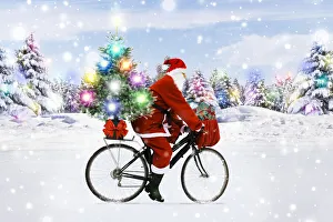 Santa Claus riding a bicycle through the snow with a Christmas tree Santa Claus riding a bicycle through the snow with Santa Claus riding a bicycle through the snow with a Christmas tree Santa Claus riding a bicycle through the snow with