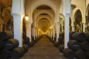 Wine Cellar Gallery: Stacked oak barrels in the wine cellar La Mezquita at