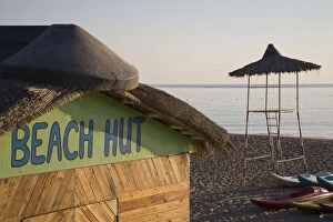 UAE, Fujairah. Beach Hut sign on hut with