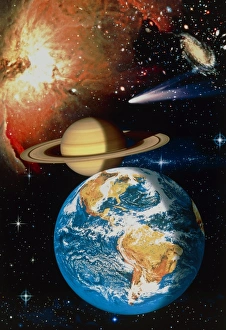Artwork depicting universe: Earth, Saturn, Nebula Artwork depicting universe: Earth, Saturn, Nebula