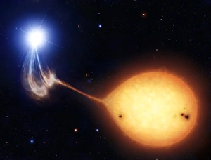 Artwork of an AM Herculis binary star Artwork of an AM Herculis binary star