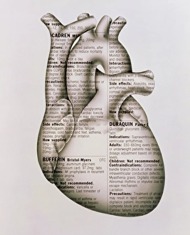 Artwork of human heart wrapped in drug information Artwork of human heart wrapped in drug information