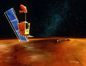 Artwork of the Mars Climate Orbiter orbiting Mars Artwork of the Mars Climate Orbiter orbiting Mars