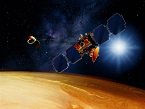 Artwork of Mars Surveyor 2001 Orbiter above Mars Artwork of Mars Surveyor 2001 Orbiter above Mars