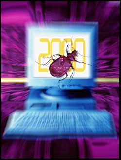 Artwork of millennium bug with beetle on computer Artwork of millennium bug with beetle on computer