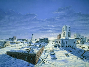 Artwork of ruined city destroyed by blizzards Artwork of ruined city destroyed by blizzards