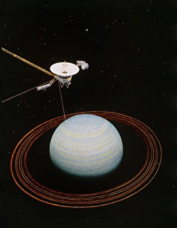 Artwork showing Voyager 2 nearing Uranus Artwork showing Voyager 2 nearing Uranus