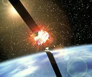 Artwork of space junk colliding with a satellite