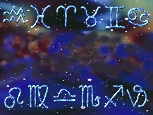 Artwork of zodiac signs on space nebula background Artwork of zodiac signs on space nebula background