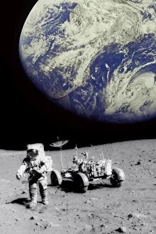 Images Dated 14th August 2002: Astronaut on Moon with Earth