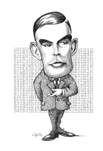 Print of a caricature portrait of British mathematician Alan Turing
