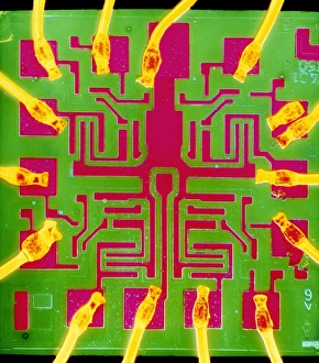 Images Dated 2nd August 1993: Coloured SEM of a 7401 TTL integrated circuit