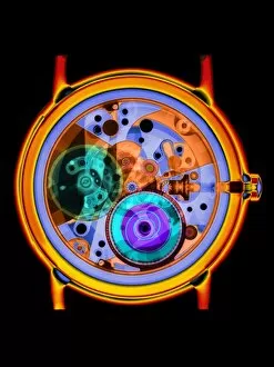 Images Dated 20th February 2004: Coloured X-ray of a 17-jewel wrist-watch