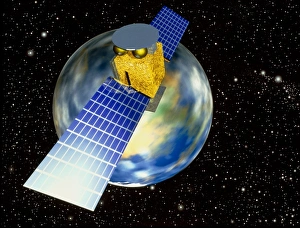 Computer art of communication satellite over Earth Computer art of communication satellite over Earth