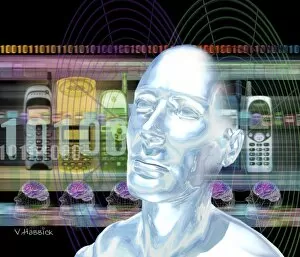 Technological Communication Collection: Computer artwork of mans head with mobile phones