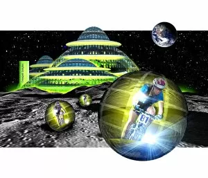 Images Dated 3rd August 1999: Computer artwork of men cycling from a Moon base