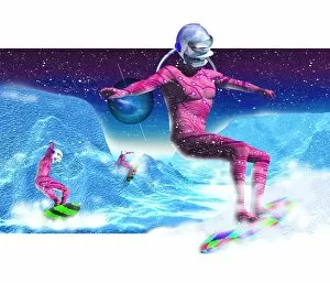 Images Dated 4th August 1999: Computer artwork of men snowboarding on Titan